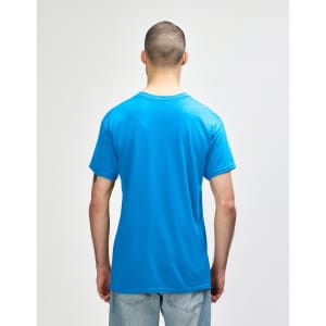 A turquoise adult T-shirt with a crew neck and short sleeves, featuring a logo on the back.