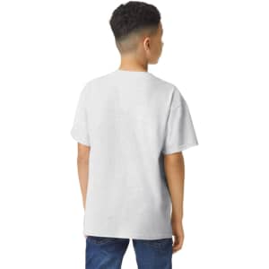 A youth T-shirt in grey, featuring a classic crew neck and short sleeves, with a logo on the back.