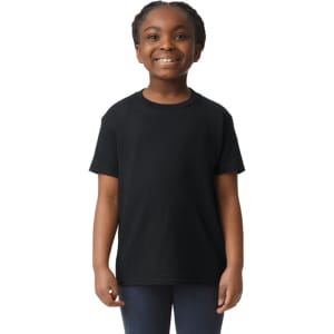 A black Gildan Heavy Cotton Youth T-Shirt displayed on a smiling child. The shirt features short sleeves and a basic cut.