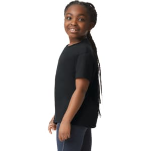A black youth t-shirt displayed on a model, featuring a round neckline and short sleeves. The shirt has a logo.
