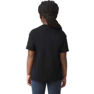 A black youth t-shirt with a straight cut and a modest design. The shirt has a logo on the back.