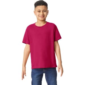 A youth T-shirt in bright magenta, featuring a simple design and a logo on the chest, worn by a smiling child.