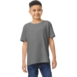 A youth t-shirt in grey, featuring a relaxed fit and short sleeves, with a branding logo.