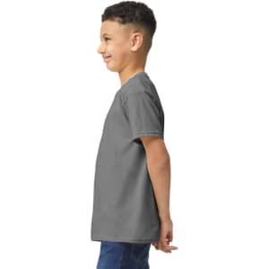 A youth t-shirt in grey, featuring a crew neck and short sleeves, displayed from the side view.