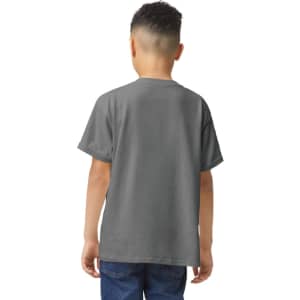 A youth T-shirt in grey, featuring short sleeves and a simple design, viewed from the back.