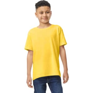 A yellow youth t-shirt displayed on a child, featuring short sleeves and a relaxed fit. It has a logo.