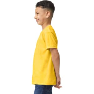 A yellow youth t-shirt displayed on a child, featuring short sleeves and a logo.