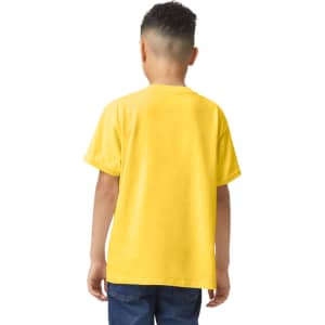 A yellow youth t-shirt with short sleeves, viewed from the back, featuring a logo.