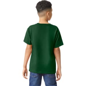 A youth T-shirt in dark green, featuring a plain back view and short sleeves. It has a branding logo.