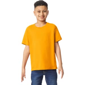 A youth T-shirt in vibrant yellow, featuring short sleeves and a relaxed fit. It has a visible logo.