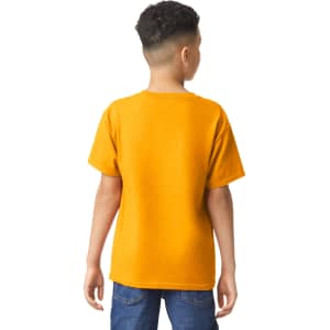 A youth t-shirt in vibrant orange, featuring a casual short-sleeve design, viewed from the back.