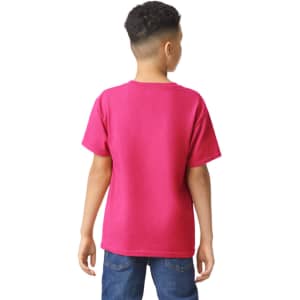 A youth T-shirt in vibrant pink, featuring short sleeves and a solid back design. There is a logo present.