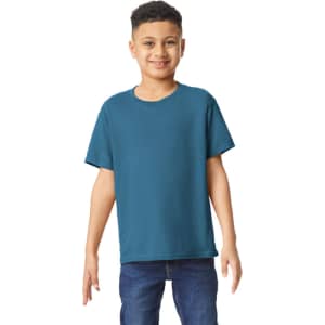 A youth t-shirt in teal, displayed on a smiling child. The shirt has short sleeves and a round neckline.