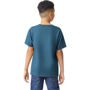 A youth T-shirt in teal colour, featuring a plain back design. The garment has a logo on it.