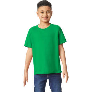 A bright green youth T-shirt featuring short sleeves and a crew neck, displayed on a smiling child.