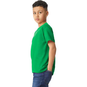 A green youth t-shirt displayed on a child, featuring short sleeves and a relaxed fit. The shirt has a branding logo.