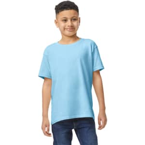 A light blue Gildan Heavy Cotton Youth T-Shirt displayed on a young model, featuring a crew neck and short sleeves.