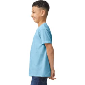 A blue youth t-shirt is displayed on a child, shown from the side, featuring a simple design and a logo.