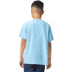 A light blue youth T-shirt with short sleeves, featuring a logo on the back.