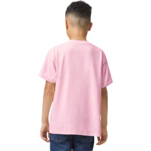 A pink youth t-shirt with short sleeves, viewed from the back, features a logo on the back.