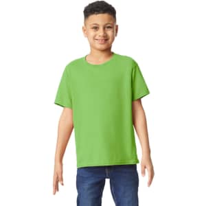 A green youth T-shirt featuring a blank front and a logo on the sleeve, modelled by a smiling child.