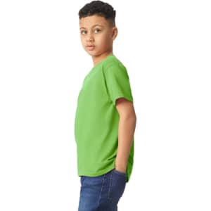 A youth t-shirt in vibrant green, featuring short sleeves and a crew neck, displayed on a model.