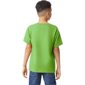 A youth T-shirt in bright green, featuring a simple design and a logo on the back.