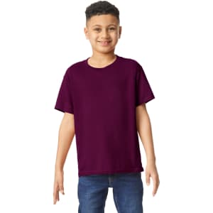 A youth t-shirt in a rich purple colour, worn by a smiling child, with a branding logo visible.