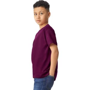 A youth t-shirt in a rich purple colour with a simple design and a logo on the side.