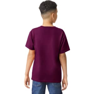 A youth t-shirt in deep purple, featuring a back view. It has a logo on the fabric.