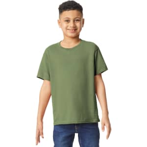 A green youth t-shirt is displayed on a child, featuring a simple design and a logo.