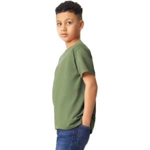A youth t-shirt in olive green, featuring short sleeves and a classic crew neck design. It has a logo on it.