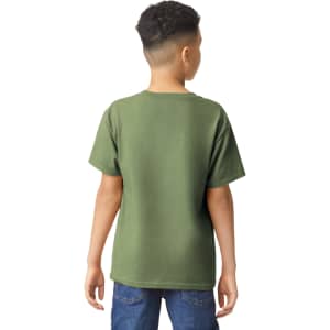 A green Gildan Heavy Cotton youth t-shirt viewed from the back, featuring short sleeves and a plain design.