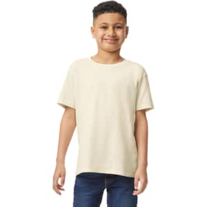 A youth t-shirt in a light beige colour, featuring a comfortable fit and a branding logo.