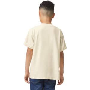 A youth T-shirt in a light beige colour, featuring a standard fit design and short sleeves, viewed from the back.