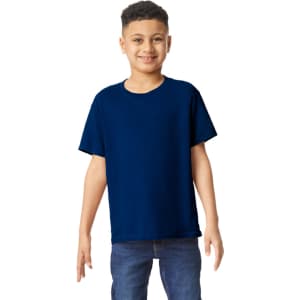 A navy blue youth t-shirt in a relaxed fit, displayed on a young model with a simple crew neck design.