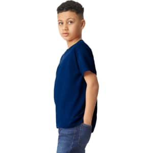 A navy blue Gildan Heavy Cotton Youth T-Shirt on a young model, featuring short sleeves and a simple design.