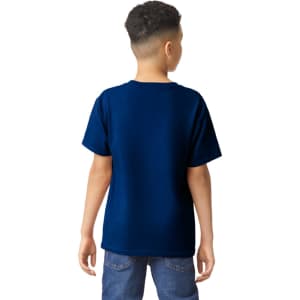 A navy youth t-shirt with short sleeves, viewed from the back, featuring a logo.