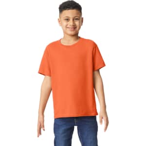 An orange youth T-shirt displayed on a smiling boy, featuring a basic design and a logo.