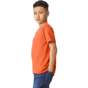 A youth t-shirt in orange, featuring a relaxed fit and a plain design without visible logos or text.