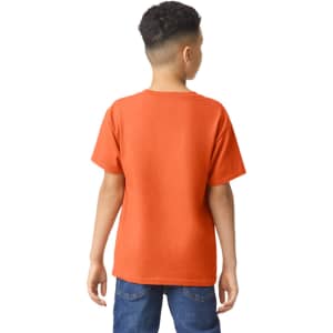 A youth T-shirt in bright orange, featuring a plain back and short sleeves.