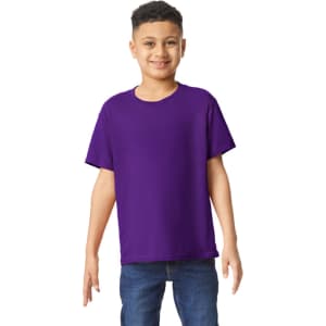 A purple youth T-shirt on a child, featuring a simple design and short sleeves. It has a branding logo.