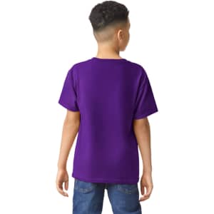 A purple youth t-shirt with short sleeves, displayed from the back, featuring a logo.