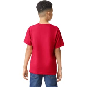 A red youth T-shirt with short sleeves, viewed from the back. It features a plain design and has a logo.
