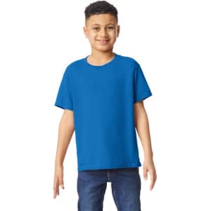 A youth t-shirt in blue, featuring a standard crew neck and short sleeves, displayed on a young model.