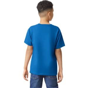 A blue Gildan Heavy Cotton Youth T-Shirt displayed from the back, worn by a young boy.