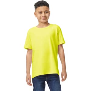A bright yellow youth t-shirt with a loose fit, featuring a logo on the front.
