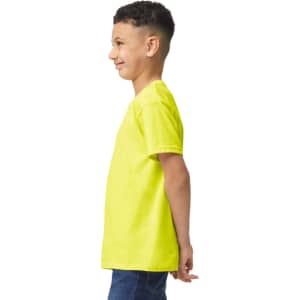 A youth t-shirt in bright yellow, featuring a classic crew neck and short sleeves, displayed on a child.