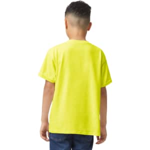 A bright yellow youth T-shirt with short sleeves and a plain back. It features a logo.