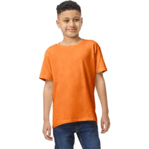 An orange youth t-shirt is displayed, featuring a standard fit and a logo on the front.